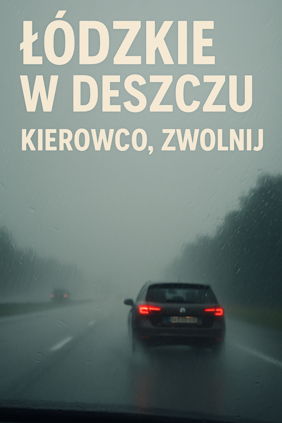 Łódzkie w deszczu, kierowco zwolnij, grafika samochód jedzie w deszczu.