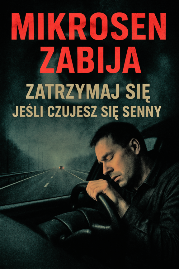 Grafika mężczyzna śpiący za kierownicą, napis mikrosen zabija, zatrzymaj się jeśli poczujesz się senny.