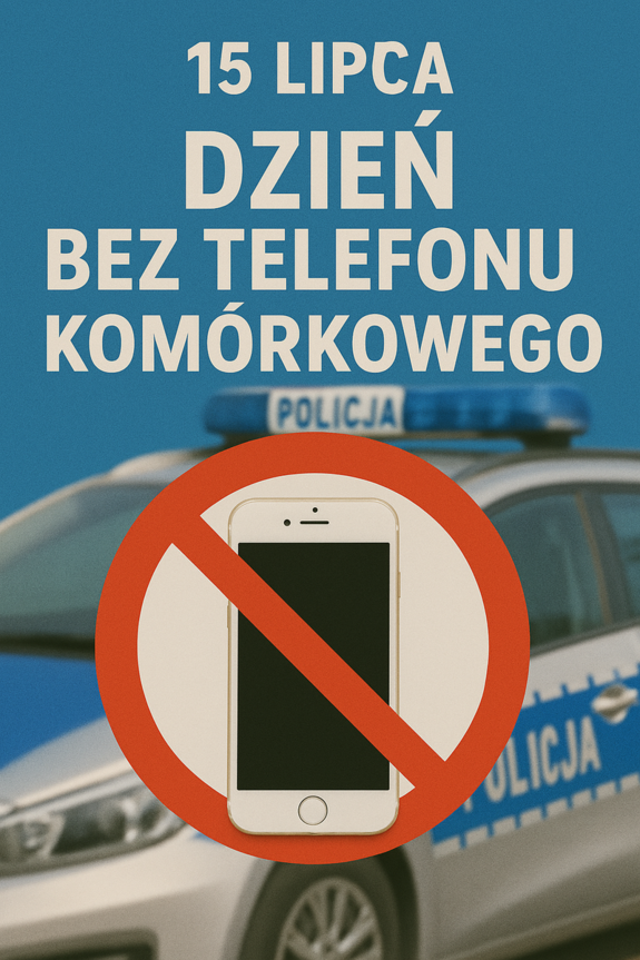 grafika z napisem 15 lipca dzień bez telefonu komórkowego, radiowóz na nim znak telefonu przekreślony.
