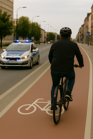 Na grafice widać rowerzystę i radiowóz.