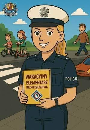 Grafika, policjantka trzyma w ręku książkę kalendarz bezpieczeństwa.