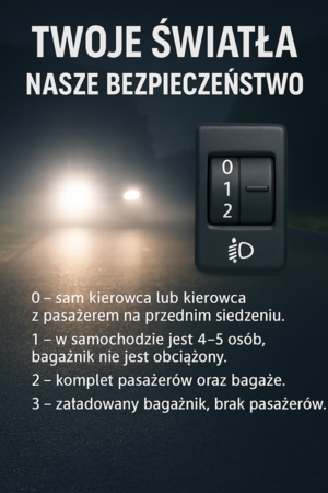 Grafika z napisem Twoje światła nasze bezpieczeństwo, regulator światła z numerkami 0,1,2,3.