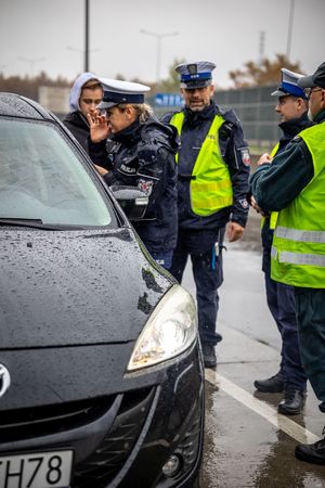 Policjanci stoją przy samochodzie.