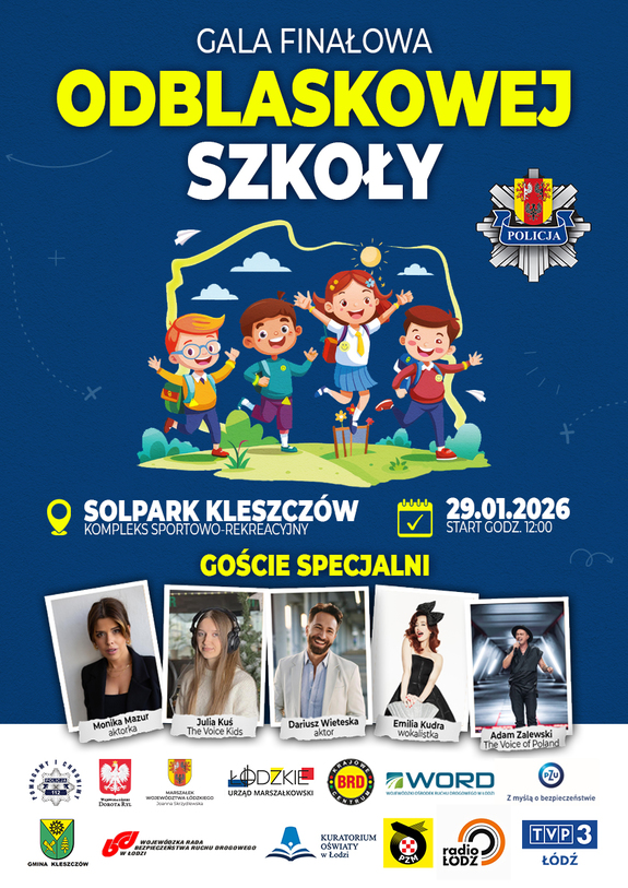 Plakat odblaskowej szkoły zdjęcie graficzne dzieci pod spodem zdjęcia aktorów.