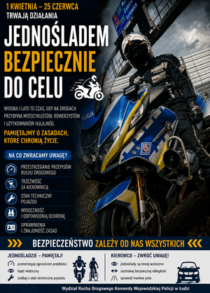 Na obrazku umundurowany funkcjonariusz na motorze oraz napisane zasady bezpiecznej jazdy jednośladami.