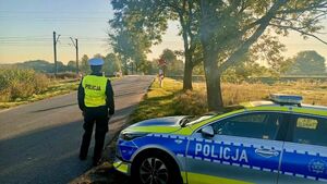 Policjant przy radiowozie obserwuje przejazd kolejowy.