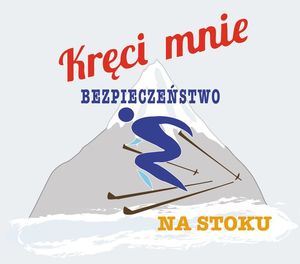 Logo kampanii Kręci mnie bezpieczeństwo na stoku. Pod napisem narysowana postać narciarza zjeżdżającego z góry.