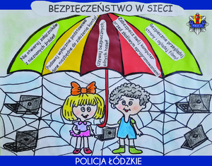 Praca plastyczna - kolorowy parasol z poradami dotyczącymi bezpiecznego korzystania z internetu. Pod parasolem stoi dwoje dzieci.