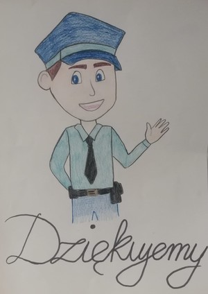 zdjęcie przedstawia rysunek  z postacią policjanta, wykonany przez dzieci z grupy przedszkolnej