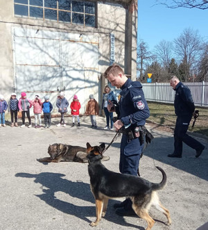 pokaz tresury psów służbowych podczas wizyty dzieci z grupy przedszkolnej w piotrkowskiej jednostce Policji