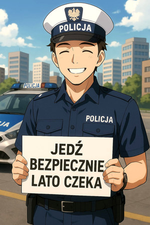 Policjant ruchu drogowego z tabliczką Jedź bezpieczne lato czeka.