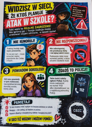 Plakat dotyczący ataków w sieci przygotowany przez Centralne Biuro Zwalczania Cyberprzestępczości.