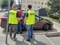 dwóch policjantów wsadza zatrzymanego do samochodu