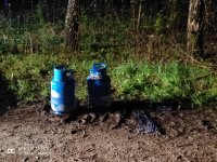 Zdjęcie z dwoma butlami z gazem technicznym na tle kompleksu leśnego. Butle wyjęte z wnętrza auta