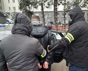 Policjanci pomagają zatrzymanemu wsiąść do radiowozu.