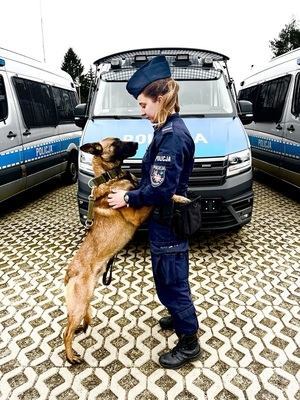 Umundurowana policjantka z psem służbowym na tle radiowozów.