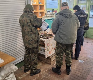 Funkcjonariusze policji oraz Państwowej Straży Rybackiej patrolują targowiska.