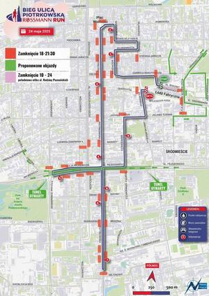 Mapa przedstawiająca trasę &quot;Biegu Ulicą Piotrkowską Rossman Run&quot;.