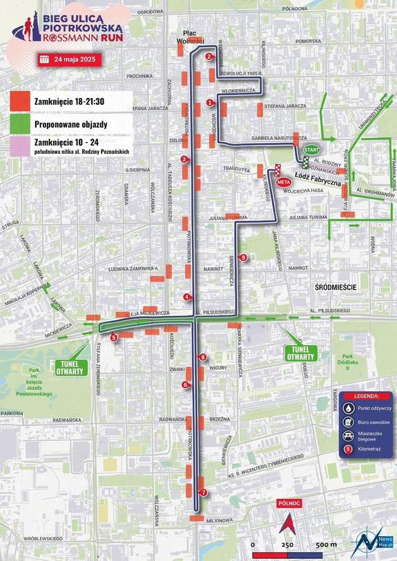 Mapa przedstawiająca trasę &quot;Biegu Ulicą Piotrkowską Rossman Run&quot;.