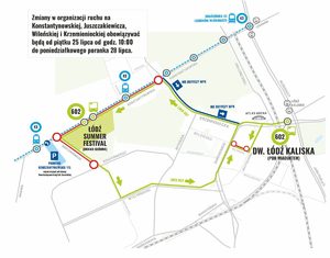 Mapa przedstawiająca objazdy i utrudnienia w związku z Łódź Summer Festival.