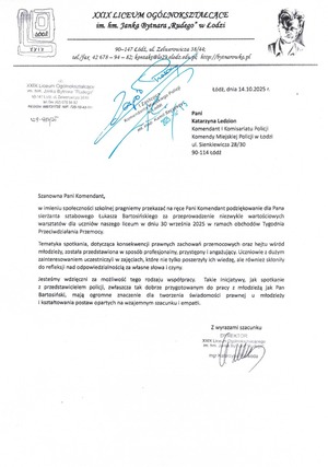 Podziękowania dla śródmiejskiego dzielnicowego.