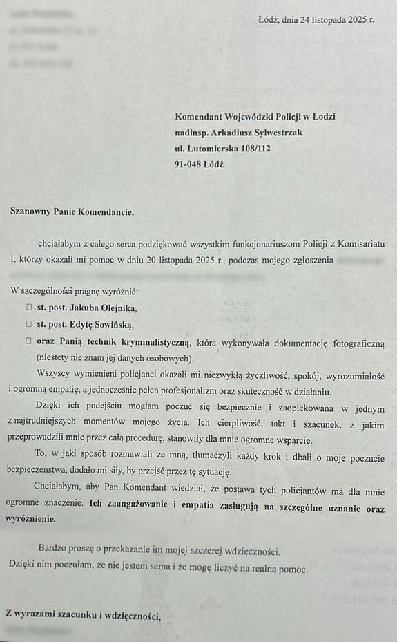 Podziękowanie dla śródmiejskich policjantów.