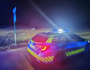 Oznakowany radiowóz policyjny z włączonymi sygnałami świetlnymi, w  tle - poza drogą - stoi pojazd.