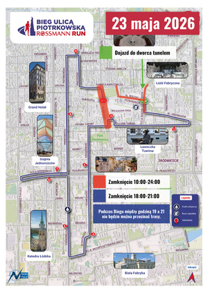 Mapa pokazująca przebieg trasy oraz utrudnienia w związku z Rossman Run.