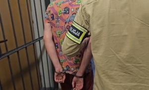 Zatrzymany prowadzony przez łódzkich policjantów.