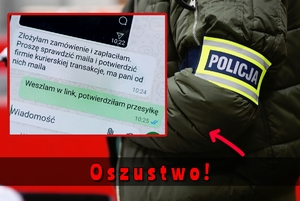Zdjęcie kryminalnego z opaską "Policja" z fragmentem rozmowy oszusta z pokrzywdzoną.
