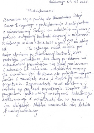 Treść pisemnych podziękowań.