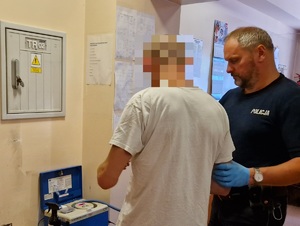 W tle policjant oraz nietrzeźwy kierujący.