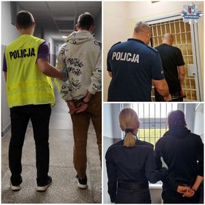 Kolaż zdjęć na którym widać policjantów z zatrzymanymi podejrzanymi.