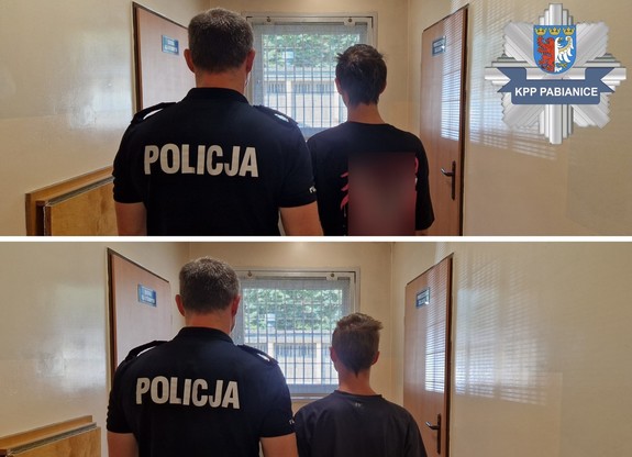 Kolaż dwóch zdjęć na których widać umundurowanego policjanta z zatrzymanymi mężczyznami. w Prawym górnym rogu znajduje się logo Komendy Powiatowej Policji w Pabianicach.