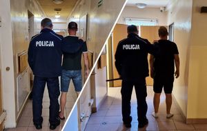 Kolaż dwóch zdjęć, na których jest policjant z zatrzymanymi mężczyznami.