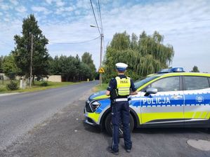 Umundurowany policjant w białej czapce stoi przy drodze. W tle radiowóz policyjny.