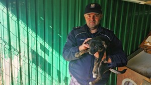 Policjant trzymający psa.