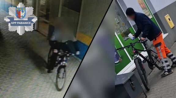 Kolaż zdjęć, na pierwszym sprawca kradzieży i logo Komendy Powiatowej Policji w Pabianicach, a na drugim paser.