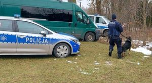 policjant z psem pracujący na miejscu zdarzenia