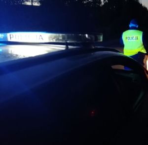 Radiowóz z sygnalizatorem na dachu z napisem policja i przed radiowozem stoi policjant w żółtej kamizelce.