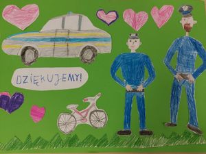 Na zielonym tle rysunki dwóch policjantów, radiowozu, czerwonych serduszek i napis Dziękujemy!