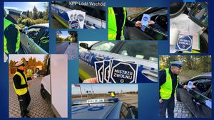 Kolaż zdjęć ukazujący policjantów wręczających ulotki i naklejki kierowcom.