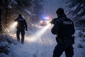 Dwóch policjantów przeczesuje las nocą i zimą, świecą latarkami.