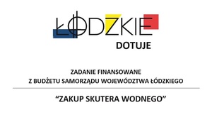Grafika informująca o dotacji przy zakupie skutera wodnego w ramach finansowania z budżetu województwa łódzkiego ,,łódzkie dotuje&quot;.