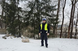 policjant stoi obok łabędzia