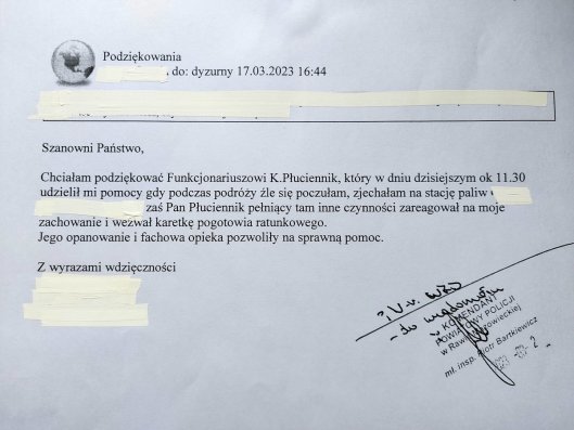 podziękowania dla policjanta