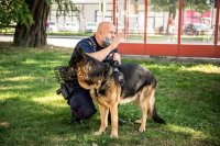 funkcjonariusz Straży Ochrony Kolei z psem służbowym