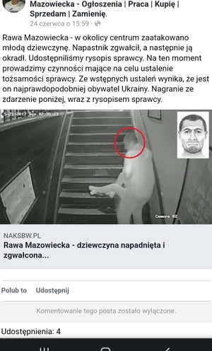 zdjęcie na którym widać mężczyznę trzymającego postać przy schodach oraz informacja o tym że w Rawie Mazowieckiej doszło do zgwałcenia kobiety przez najprawdopodobniej uchodźcę