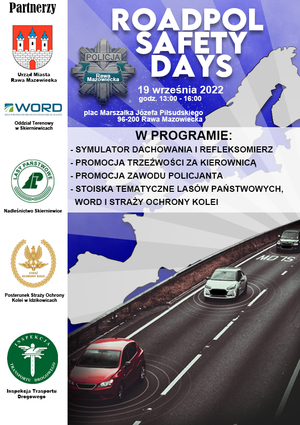 Plakat informujący o spotkaniu z nazwie roadpol sefty days, samochody i droga na plakacie.