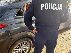 policjant w mundurze stojący tyłem, obok auto a w nim siedzący mężczyzna